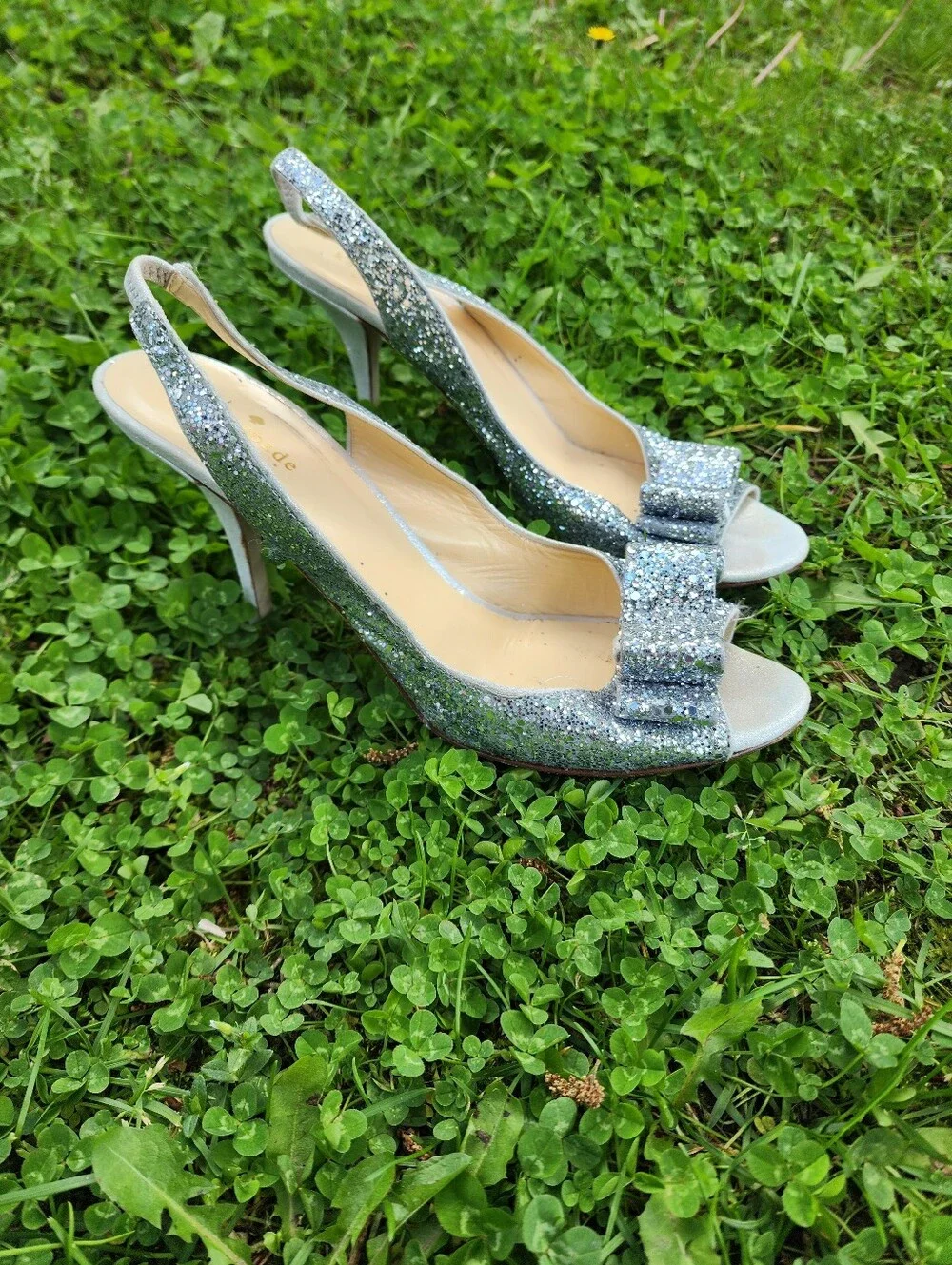 kate spade Silver Glitter Peep-Toe Slingback Heels with Bow